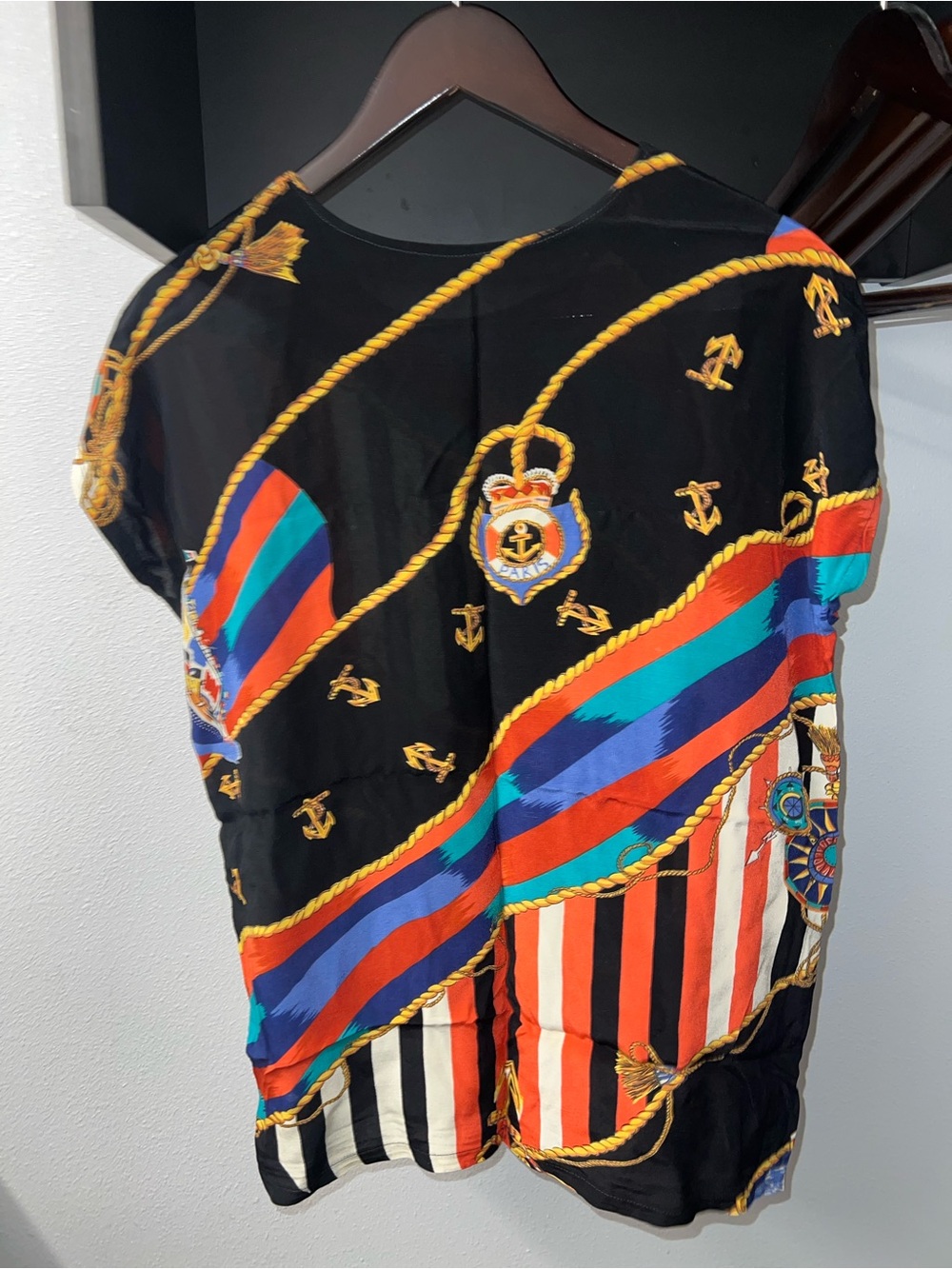 Striped Nautical-Print Blouse in Black Multicolor
